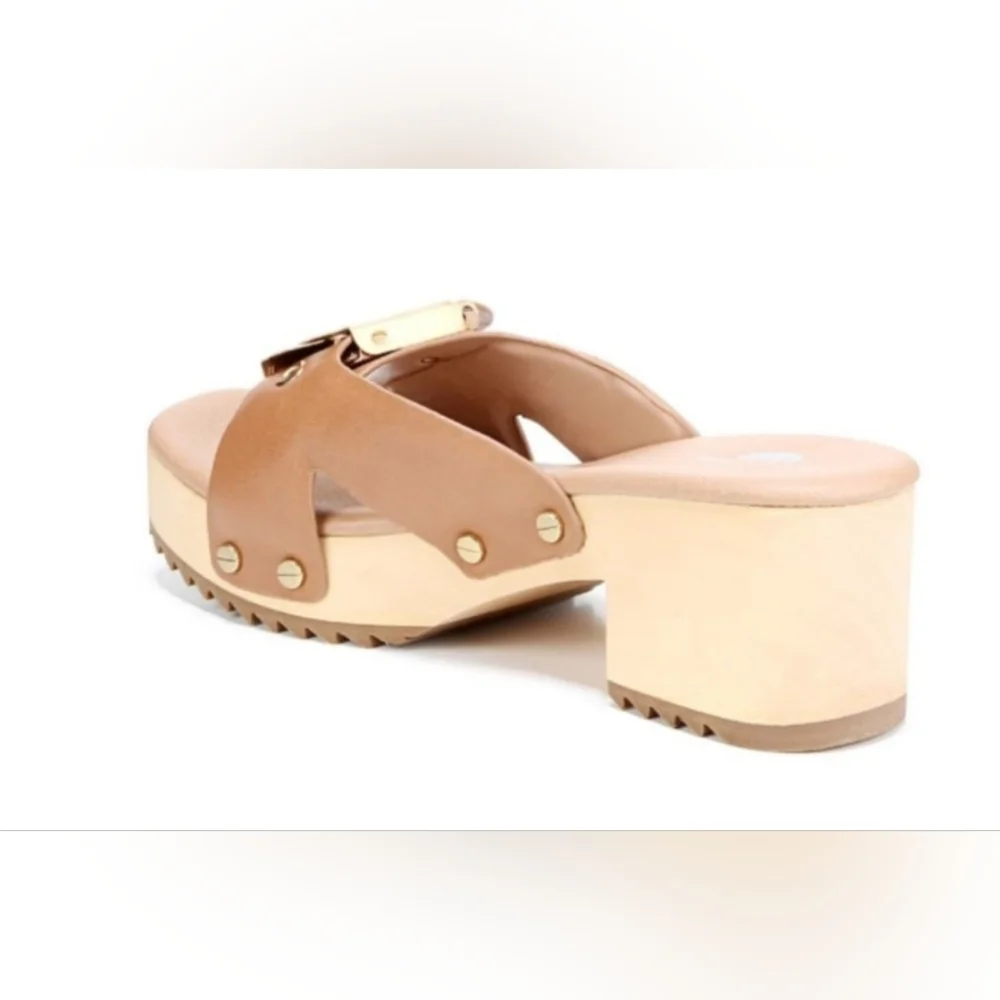 Dr. Scholl's Tan Sandals with Leather Straps and Wooden Sole - Picture 2 of 14